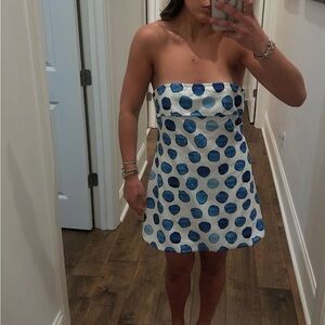 Blue Polka Dot Strapless Dress